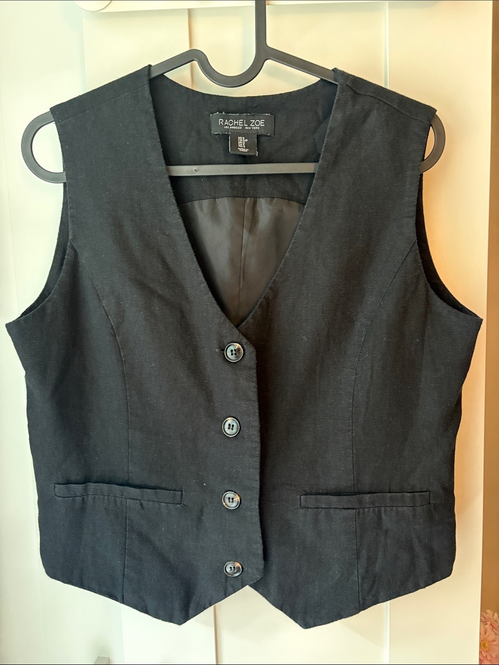 Rachel Zoe Linen Blend Black Tailored Button Vest